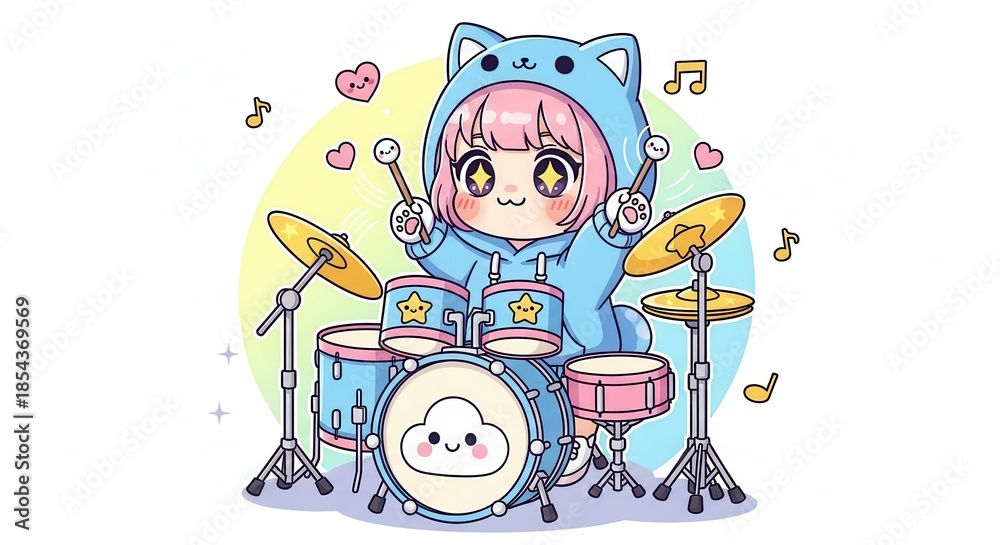 Fototapeta premium Adorable chibi character wearing an animal hooded outfit enthusiastically plays a drum set