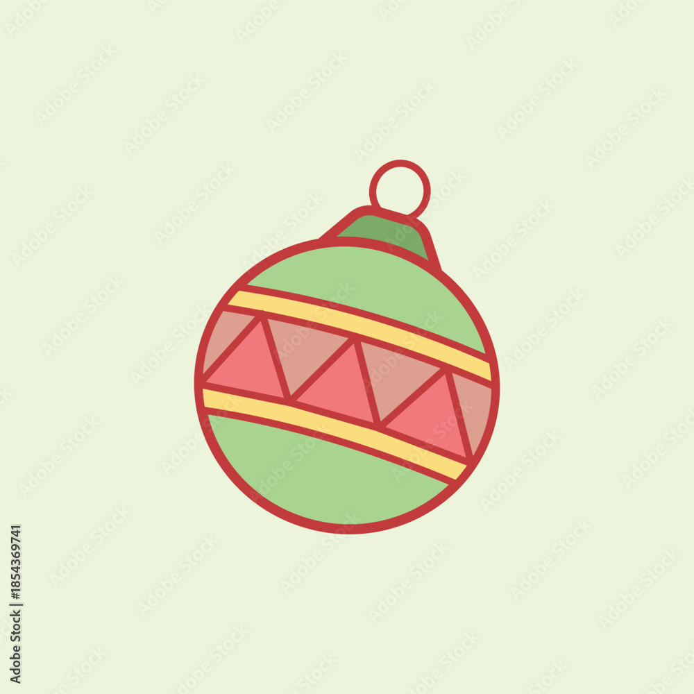 Obraz premium A green Christmas bauble ornament with red triangle patterns and yellow stripes on a pale green background. A festive holiday decoration illustration for seasonal themes.