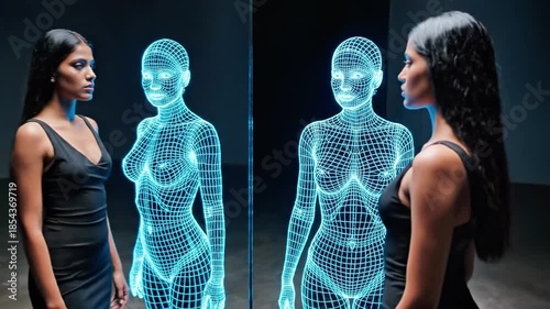 Woman in black interacting with her digital holographic projection