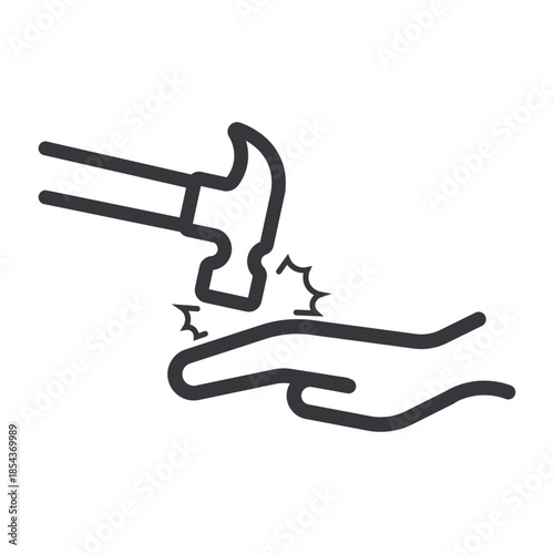 Isolated outline pictogram showing a hand struck by a hammer, representing workplace accident risk, injury warning, and occupational safety signage.