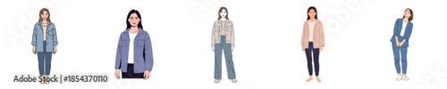 Casual Young Women Confident Standing Poses Flat Vector Character Illustration Set