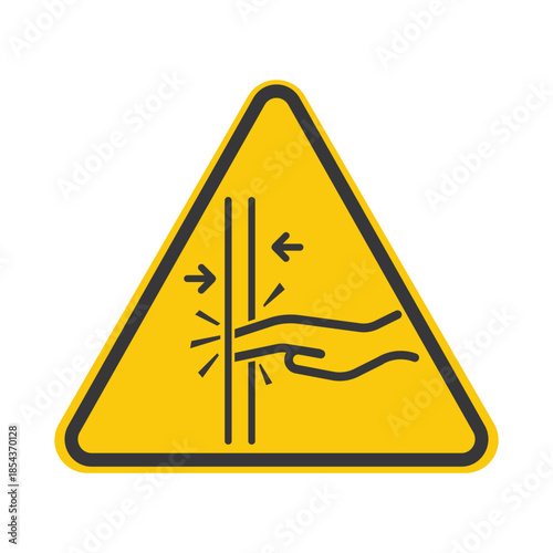 Safety sign showing hand trapped in closing sliding door, safety symbol for building gates, train, bus, and elevator.