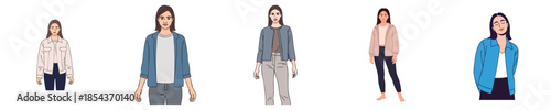 Casual Young Women Relaxed Confident Standing Poses Flat Vector Character Set