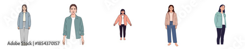 Casual Young Women Calm Standing Expressions Flat Vector Character Illustration