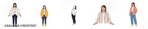 Casual Young Women Relaxed Standing Poses Flat Vector Character Illustration