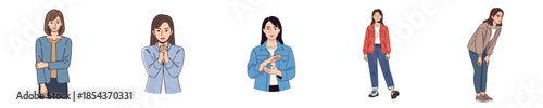 Casual Young Women Mixed Polite Shy And Relaxed Gestures Flat Illustration
