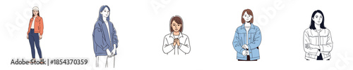 Casual Young Women Calm Polite Standing Expressions Flat Vector Character Illustration