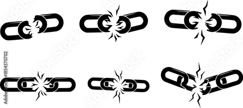 Set of broken chain vector icons. Black silhouette with break or wreck chain. Defect, rupture or shatter signs. Vector 10 EPS.
