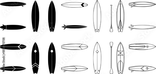 Set of surfboard vector icons. Black silhouette of types surfboard. Outline icon.
