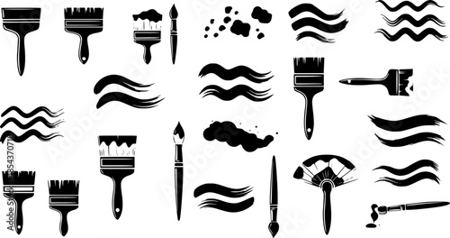 Set of paint brushes vector icons. Brush and wavy stroke lines. Vector 10 EPS.
