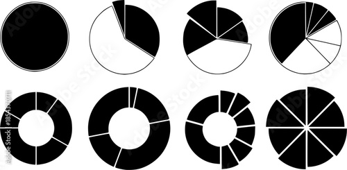 Set of pie chart vector. Circle diagram from 1 to 8 section or steps. Graph from segments. Progress color wheel.
