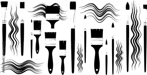 Set of paint brushes vector icons. Brush and wavy stroke lines. Vector 10 EPS.
