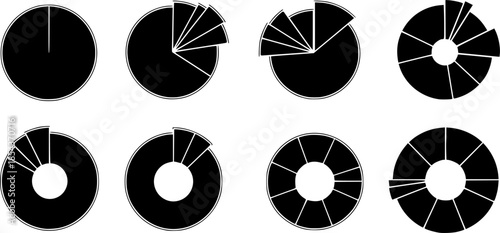 Set of pie chart vector. Circle diagram from 1 to 8 section or steps. Graph from segments. Progress color wheel.
