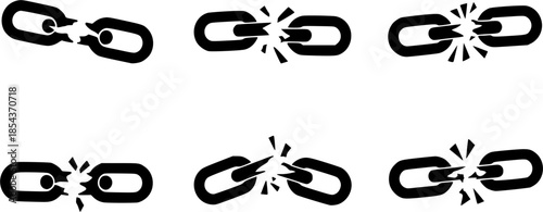 Set of broken chain vector icons. Black silhouette with break or wreck chain. Defect, rupture or shatter signs. Vector 10 EPS.
