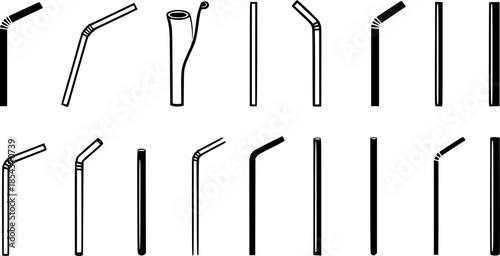 Set of plastic straws vector icons. Black straws for juice, water, cocktail. Vector 10 Eps.
