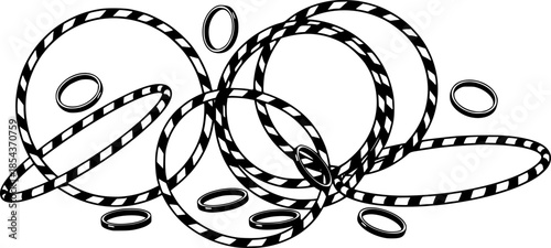 Colored set with gymnastic bangles hoops. Sport circle striped hula Hoops for gymnastics. Fitness equipment.
