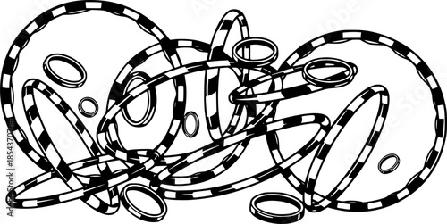 Colored set with gymnastic bangles hoops. Sport circle striped hula Hoops for gymnastics. Fitness equipment.
