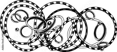 Colored set with gymnastic bangles hoops. Sport circle striped hula Hoops for gymnastics. Fitness equipment.
