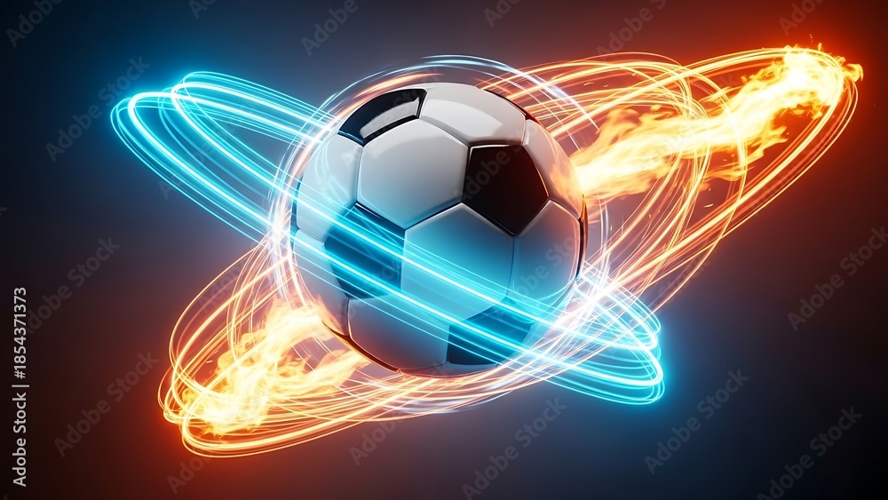 Naklejka premium Dynamic soccer ball with swirling neon light trails and fiery effects in dark background