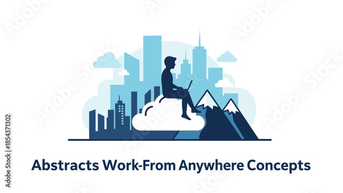 Remote worker sitting on cloud with city and mountain views