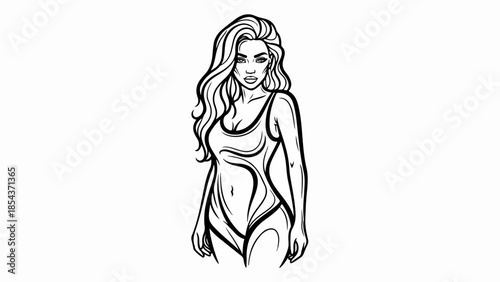 Elegant line art illustration of a woman in a stylish swimsuit.