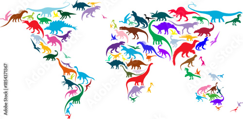 Dinosaur Map of The World - vector illustration