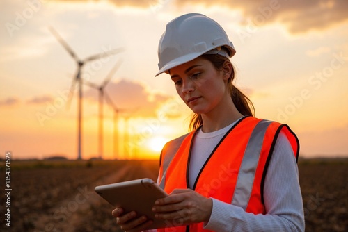 Female Industrial Engineer Using Tablet at Wind Turbine Farm During Sunset Renewable Energy Inspection