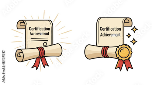 Certification achievement badges with scrolls and ribbons
