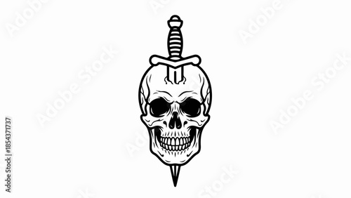 Skull with Dagger Tattoo Style Illustration Black and White.
