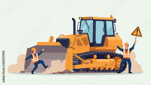 Corporate safety training visual, flat vector illustration of a construction site safety incident involving a bulldozer