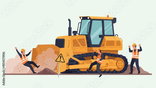 Corporate safety training visual, flat vector illustration of a construction site safety incident involving a bulldozer