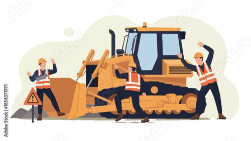 Corporate safety training visual, flat vector illustration of a construction site safety incident involving a bulldozer