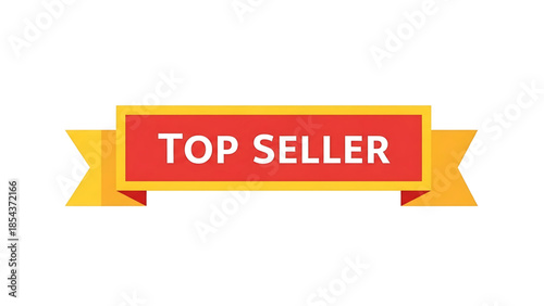 Red and yellow ribbon banner with the text top seller in white, indicating a best selling product or service, isolated on a white background