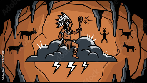Native American Shaman Chief on Cloud with Lightning Staff.