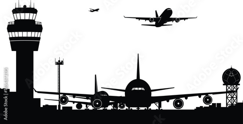 Airport silhouette vector illustration, black and white contrast, aviation theme, control tower, airplane movement, minimal design, air traffic, travel infrastructure