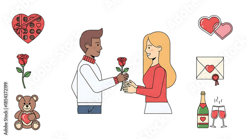 A romantic wedding invitation card featuring a vector illustration of a loving couple and family with a heart and cartoon art style