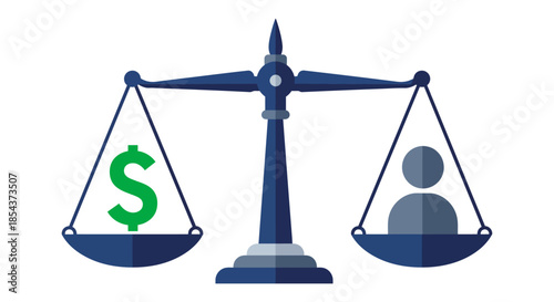 wage inequality concept with dollar sign outweighing human figure on justice scale illustrating unfair pay gap and labor exploitation
