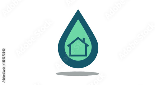 water drop with house outline icon illustrating home insurance plumbing service and flood protection concepts on white background