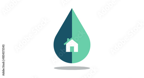 water drop and house icon combined in flat minimalist logo design symbolizing home water conservation and plumbing services branding