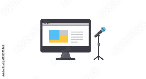 webinar presentation concept with computer monitor and microphone on stand minimalist flat icon for online training and podcasts