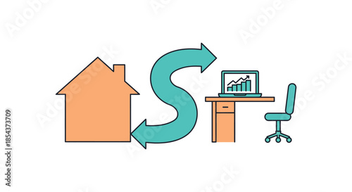 work from home remote office concept with house desk and laptop arrows showing flexible workplace connection for business productivity