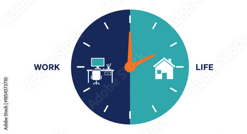 work life balance time management concept with clock split between office desk and home icon illustrating productivity and wellbeing