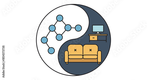 work life balance yin yang illustration showing remote office desk sofa and network nodes for productivity and mental wellness