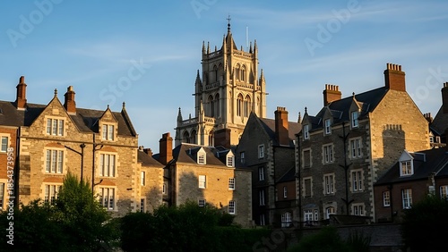 Historic European Cityscape with Majestic Church Tower at Golden Hour.