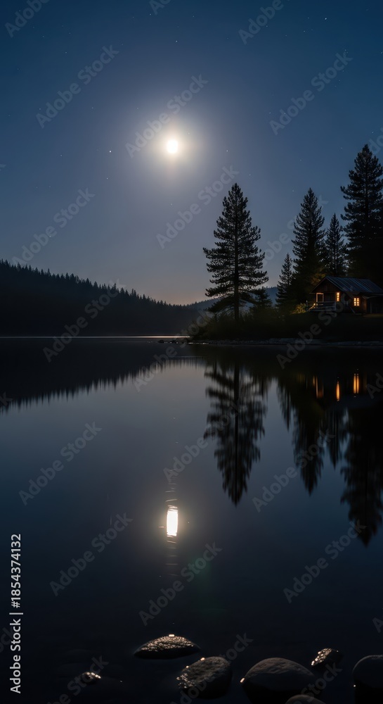 Fototapeta premium Bright full moon illuminates serene dark landscape above still water reflecting trees and remote dwelling