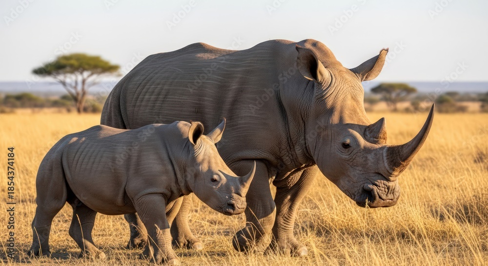 Fototapeta premium A large adult rhinoceros and a smaller baby rhino walking together in a savannah with dry grass and