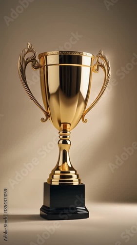 A beautifully lit close-up video of a luxurious gold trophy with intricate details, standing