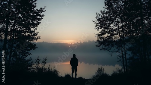 Solitary Figure Gazing at Misty Lake Sunrise Amidst Silhouetted Trees.