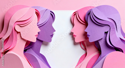 Abstract paper cutout portraits of women in pink and purple hues, showcasing modern art with clean silhouettes and vibrant colors.