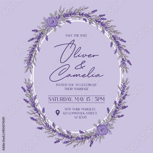 Purple Lavender Wedding Invitation Card Design with Oval Wreath and Floral Elements on a Light Violet Background Vector